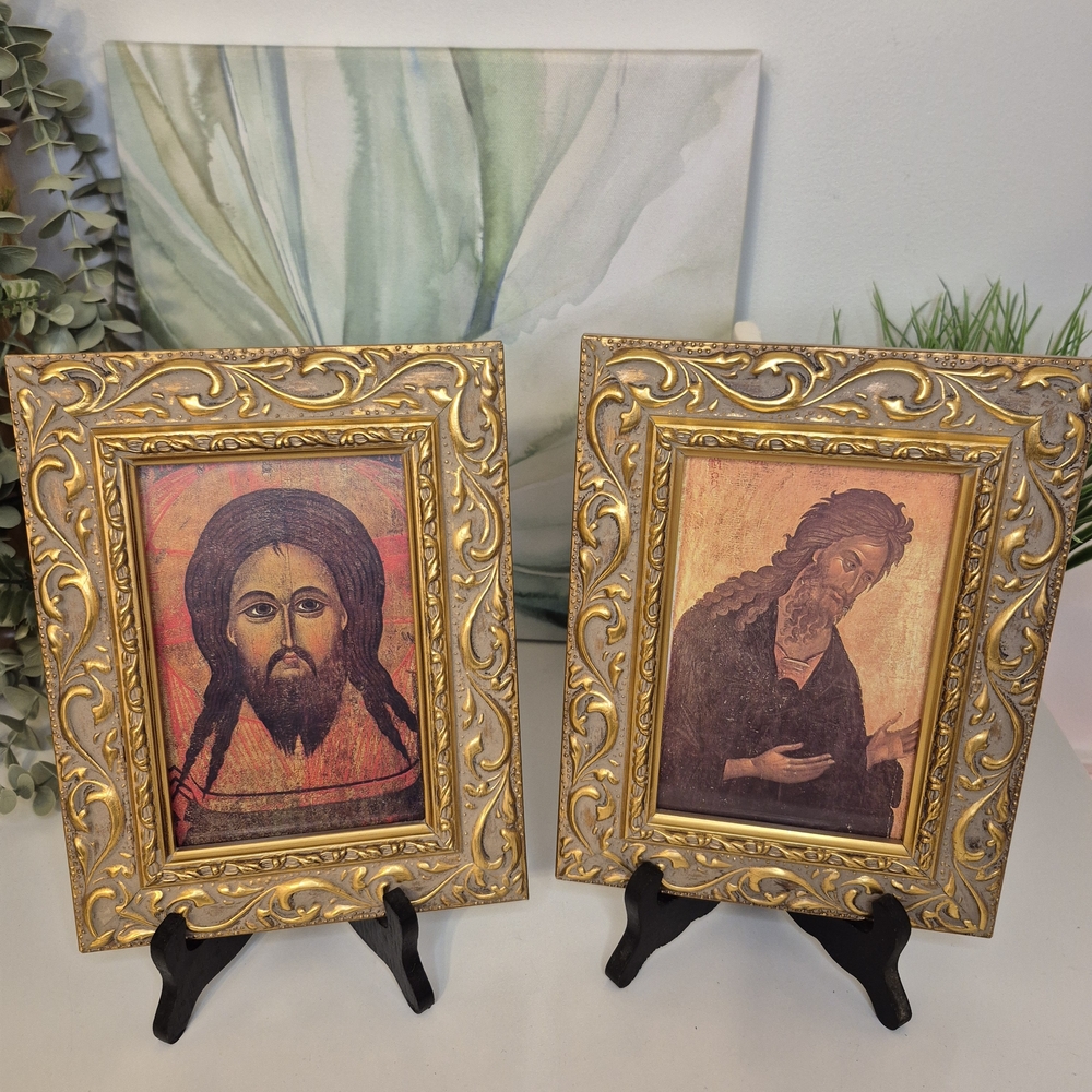 Vintage Ornate Small Golden Framed Religious Byzantine-Style Icons Set of 2